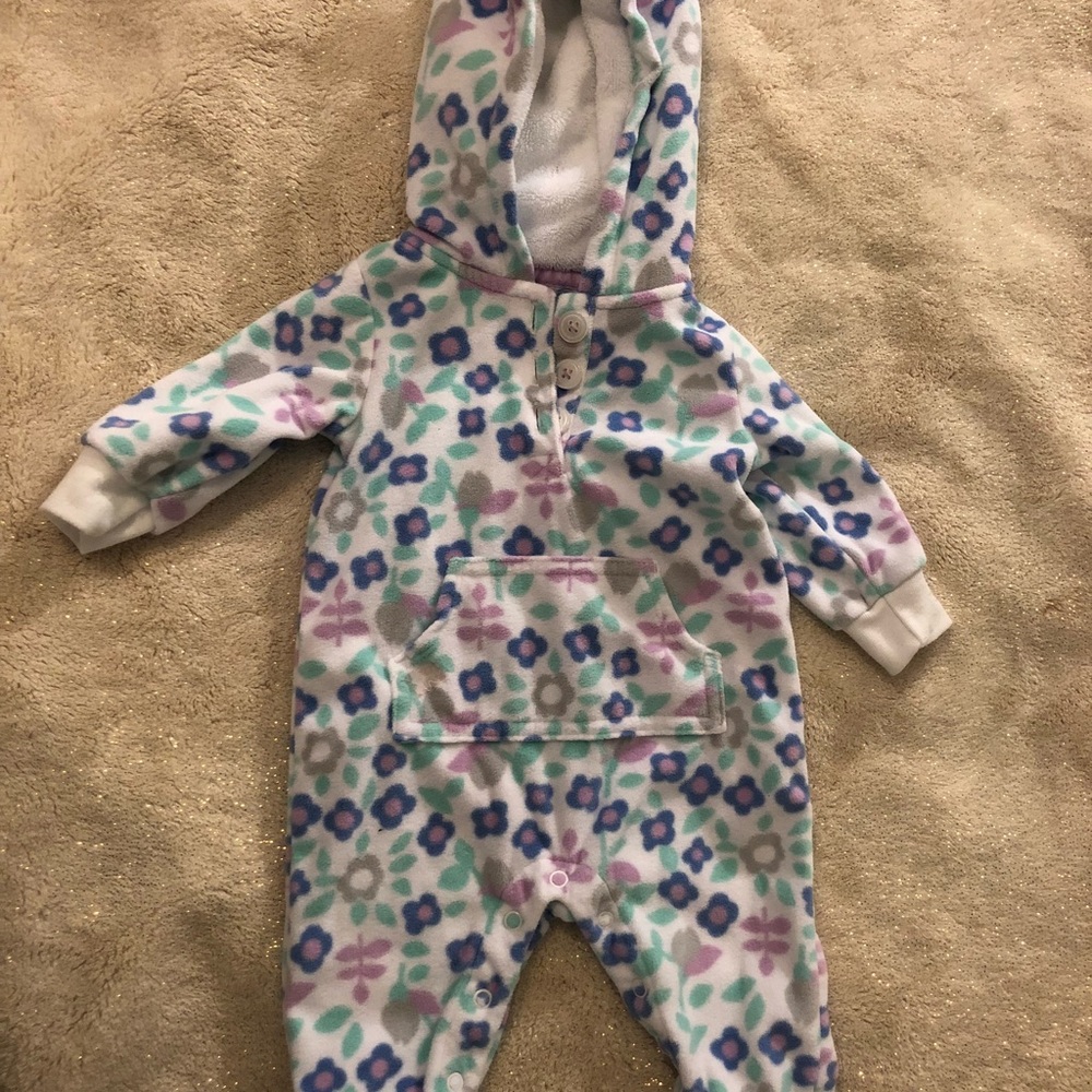 Fuzzy Snap Up One Piece With Bear Ear Hoodie